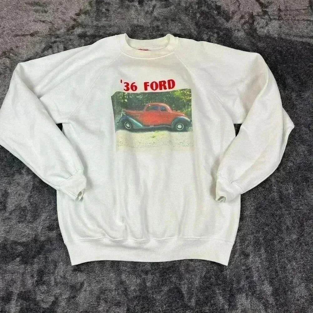 Vtg Hanes Activewear '36 Ford Sweatshirt Made In USA Size L/XL White Pullover